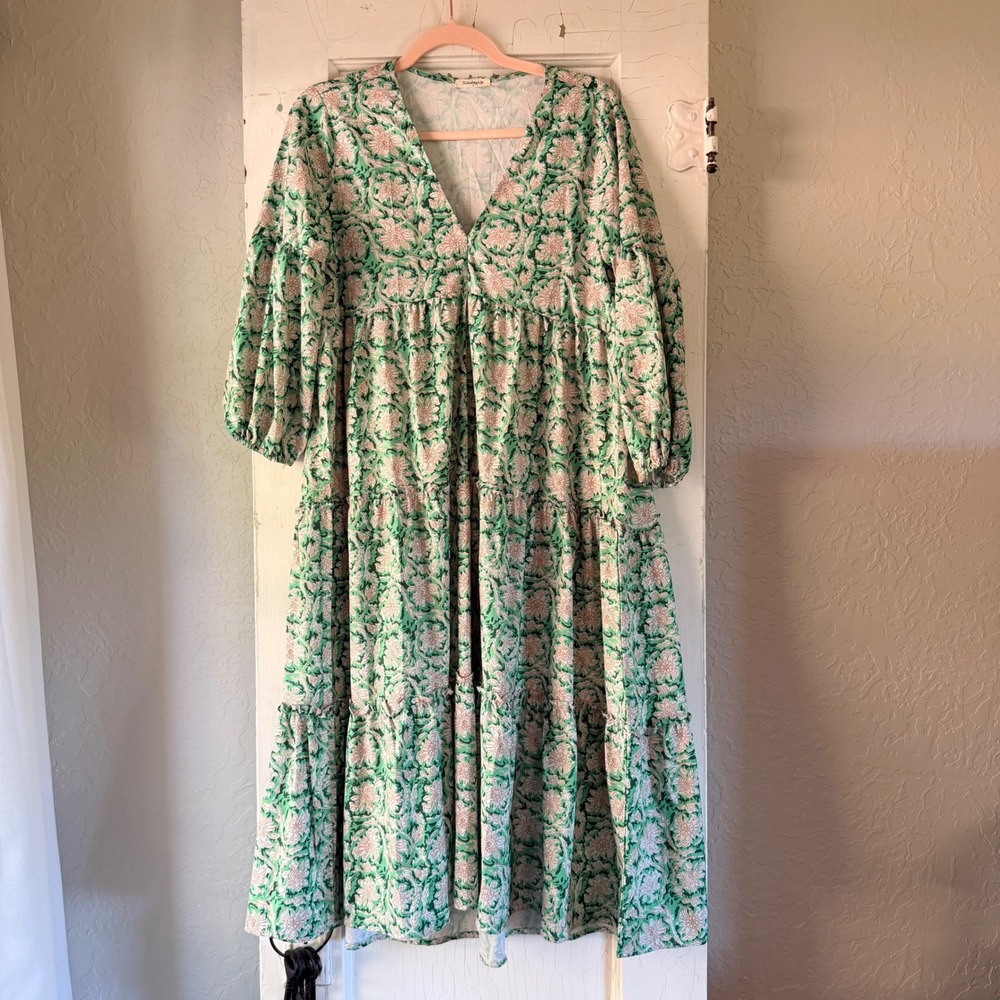 SundayUp Green Floral Block Print Tiered Maxi Dress Puff Sleeve Small